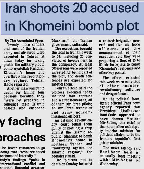 Zeitungsartikel über die Exekution von iranischen Offizieren, welche versuchten Khomeini zu töten